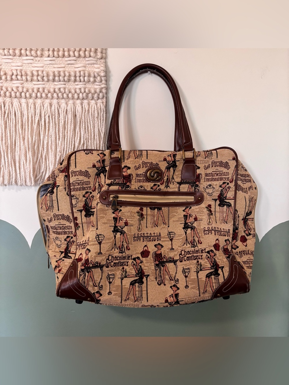 Oleg Cassini Beige Parisian Print Tote with Brown Trim